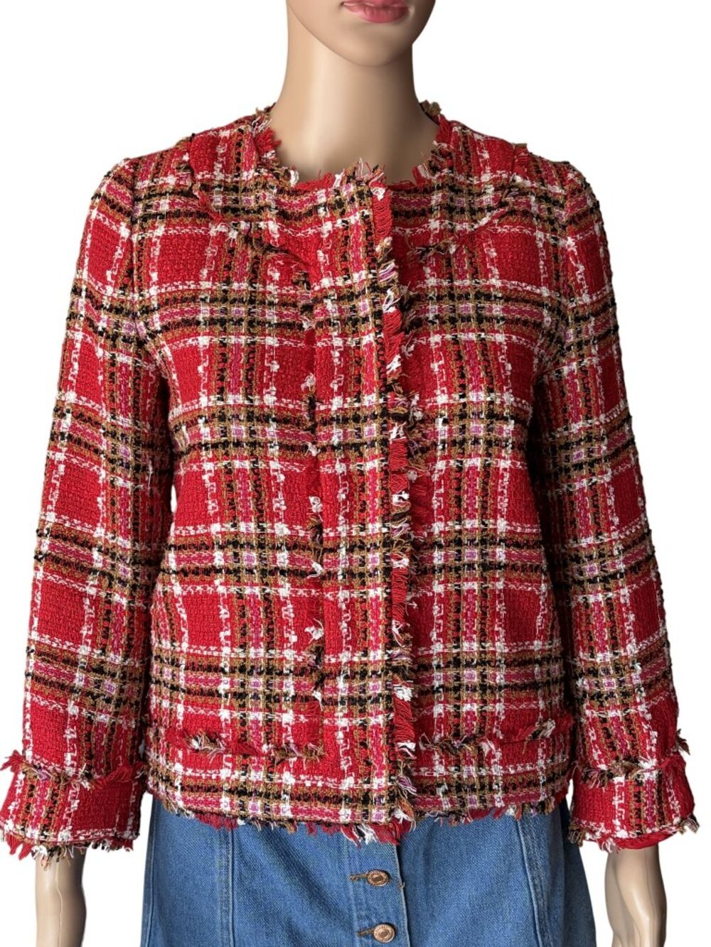 Ann Taylor Red Multi Plaid Fringe Tweed Jacket Blazer Size 0P